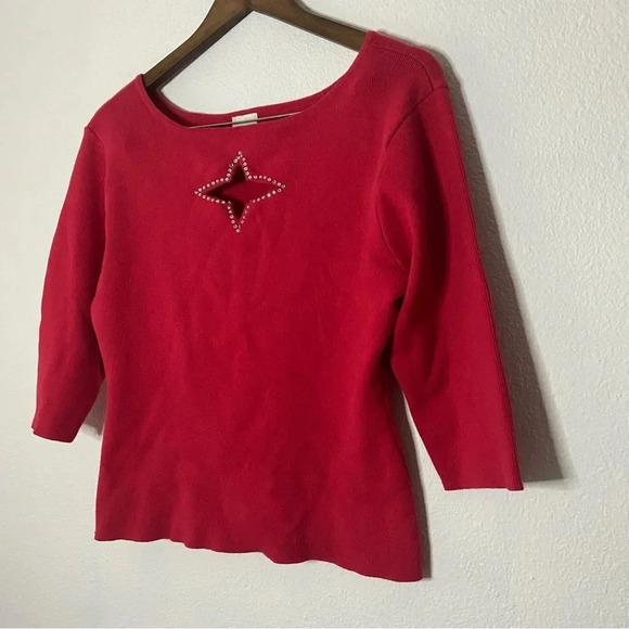 Retro Cut Out Rhinestone Star Embellished Ribbed Top Cotton 3/4 Sleeve Large - Picture 2 of 9